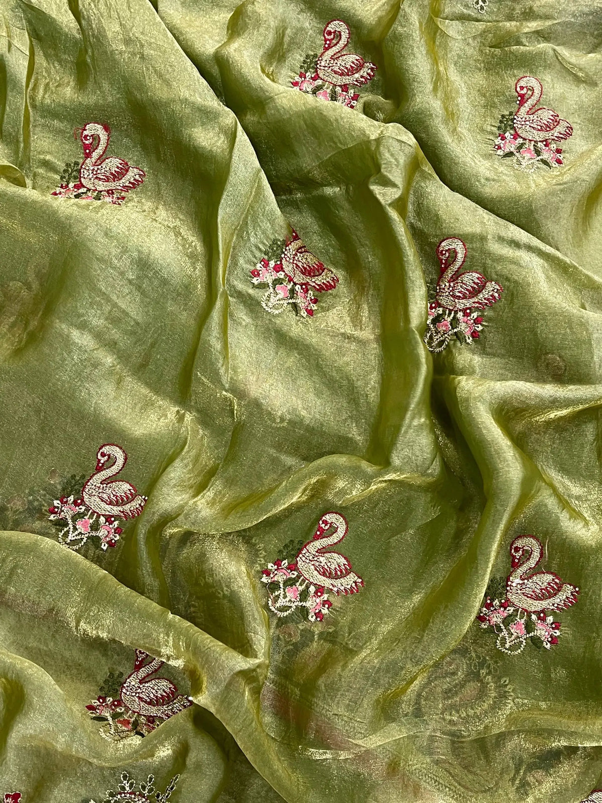 Royal Hans Swan Motif Fandy Satin Silk Saree with Zari Thread, Multi-Color Embroidery & Siroshki Diamond Work