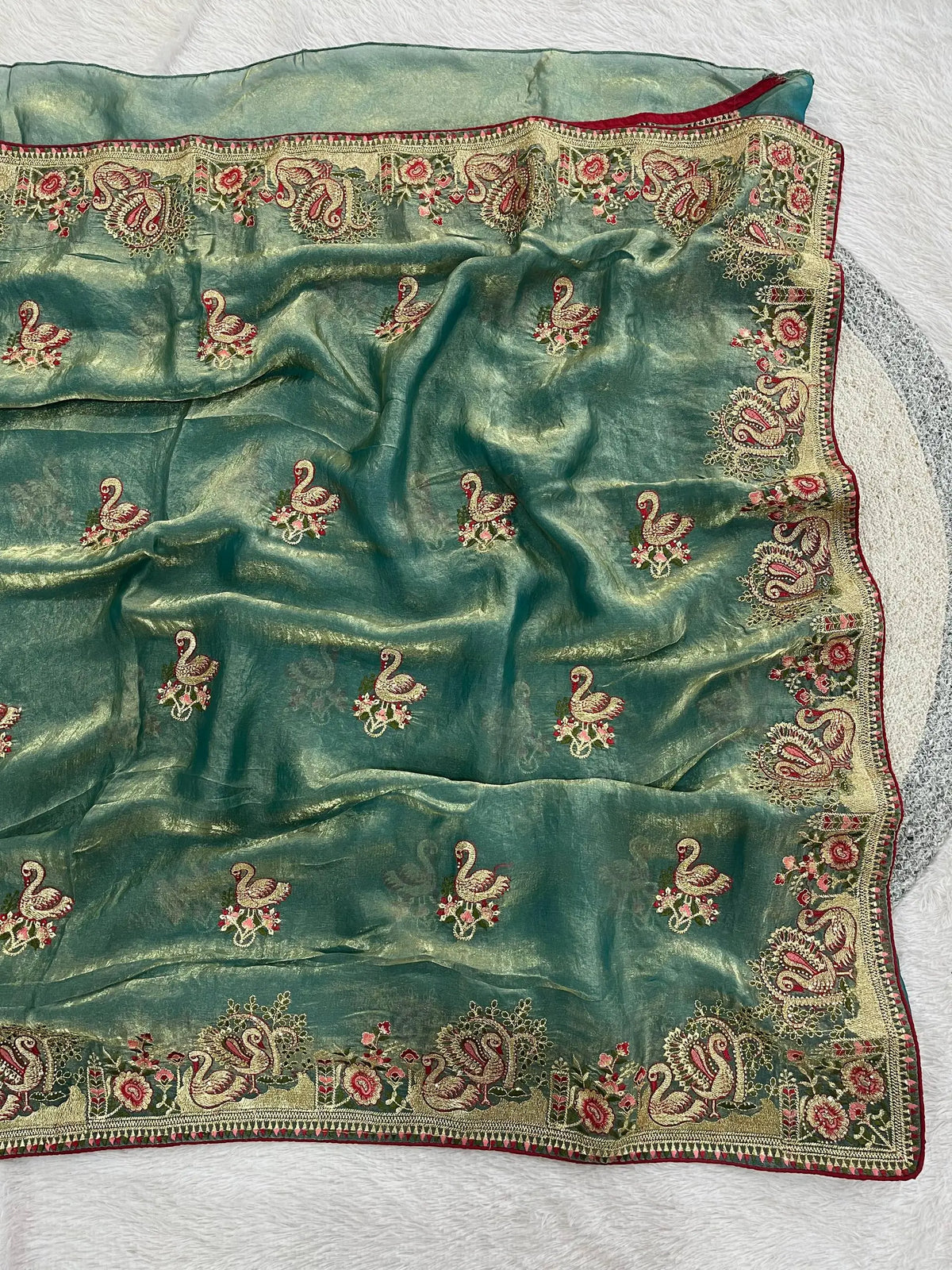 Royal Hans Swan Motif Fandy Satin Silk Saree with Zari Thread, Multi-Color Embroidery & Siroshki Diamond Work