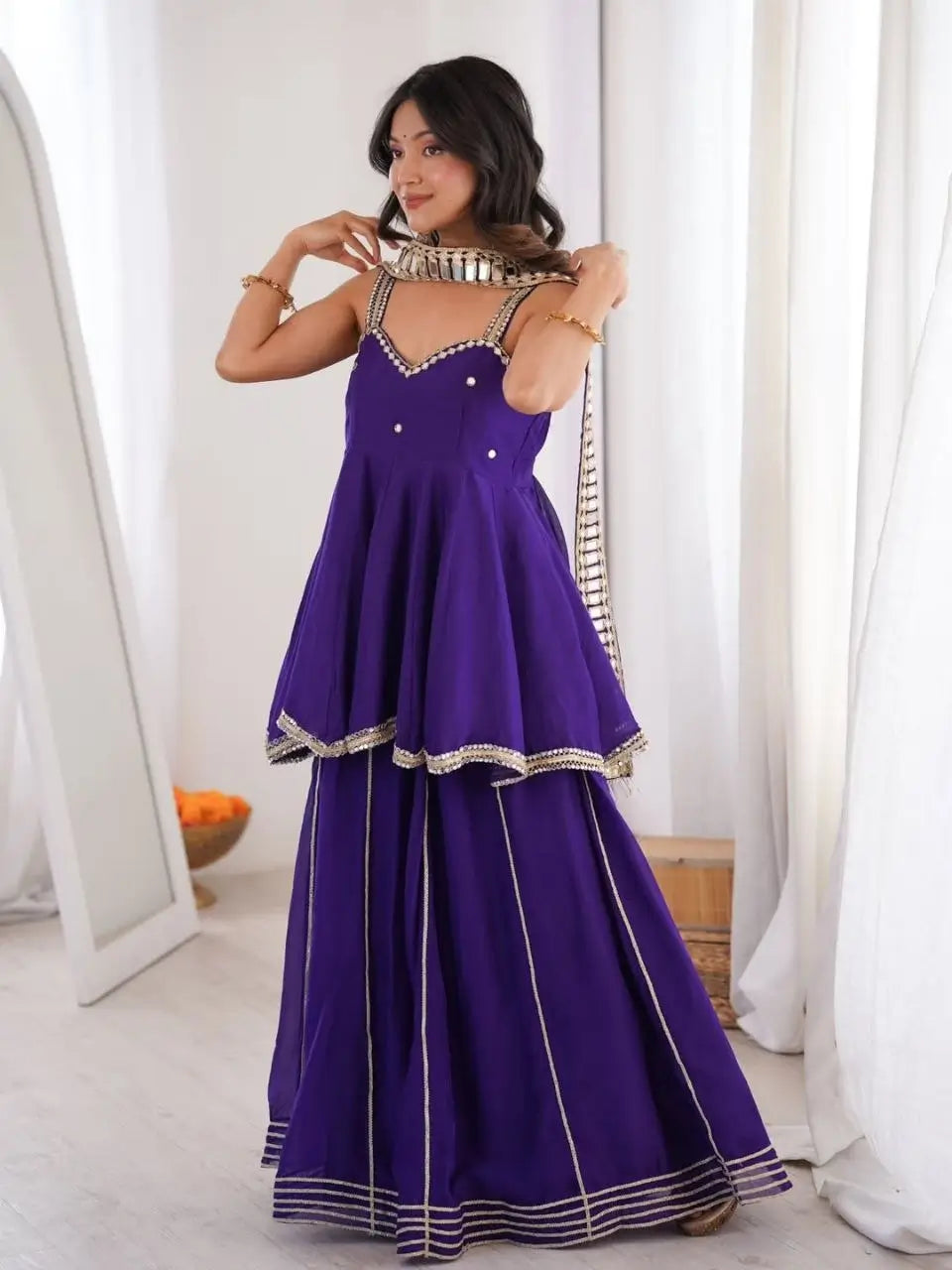 Royal Mirror Chinon Peplum Palazzo Dupatta Set for Festive and Wedding Functions