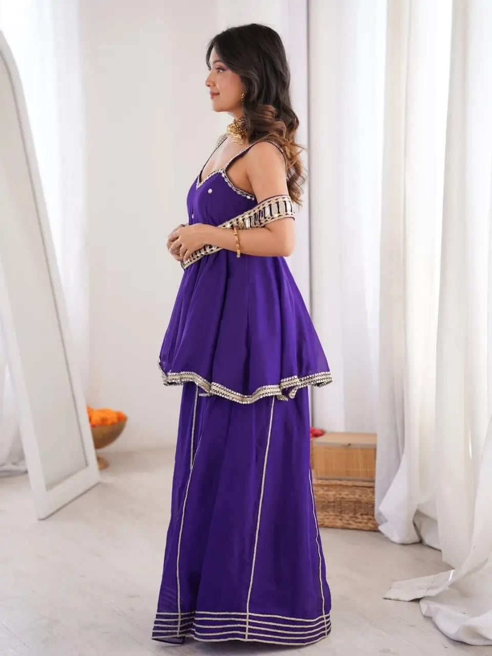 Royal Mirror Chinon Peplum Palazzo Dupatta Set for Festive and Wedding Functions