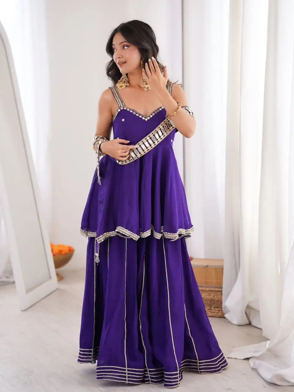 Royal Mirror Chinon Peplum Palazzo Dupatta Set for Festive and Wedding Functions