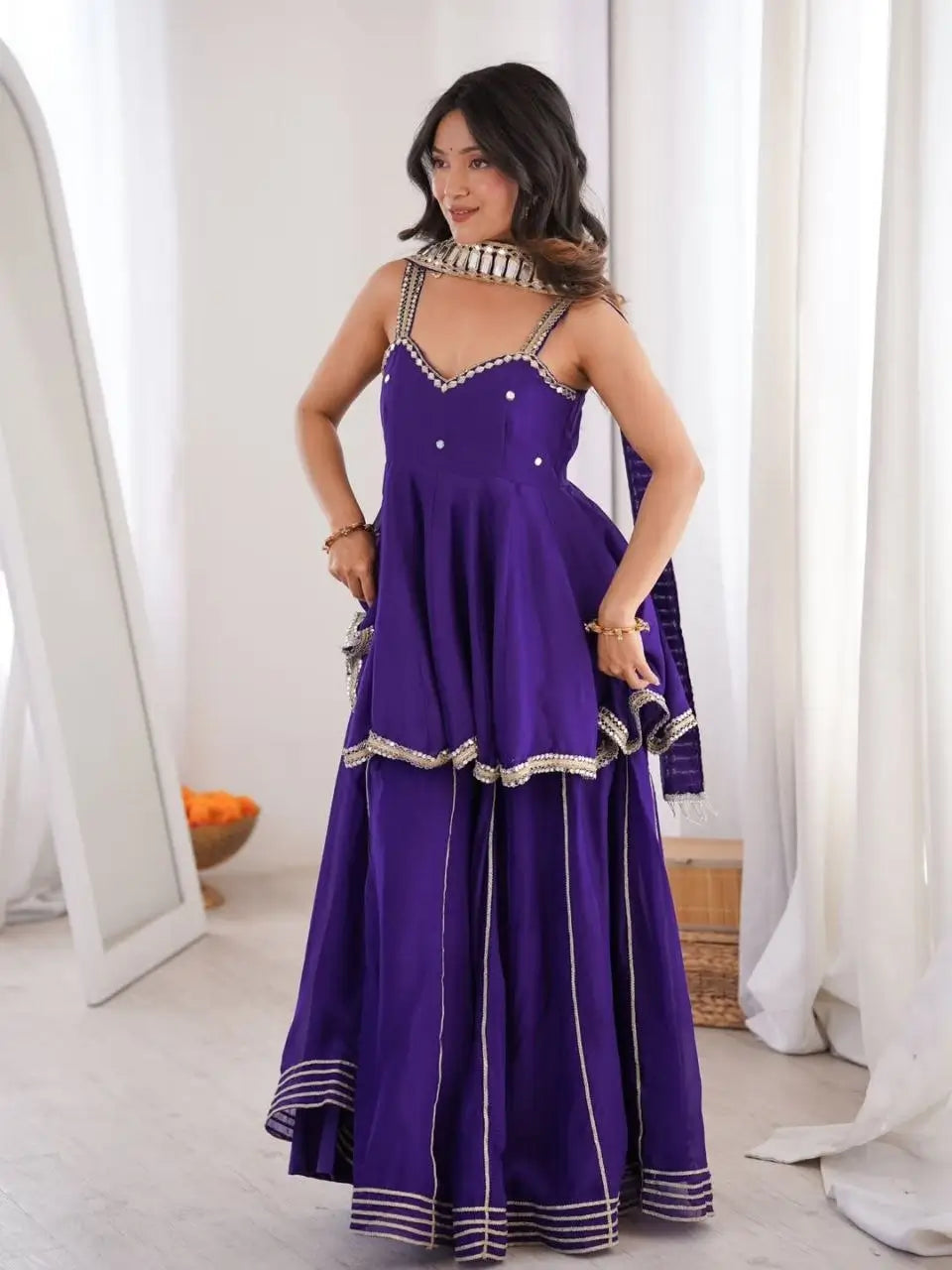 Royal Mirror Chinon Peplum Palazzo Dupatta Set for Festive and Wedding Functions