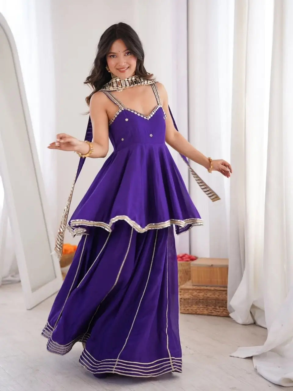 Royal Mirror Chinon Peplum Palazzo Dupatta Set for Festive and Wedding Functions