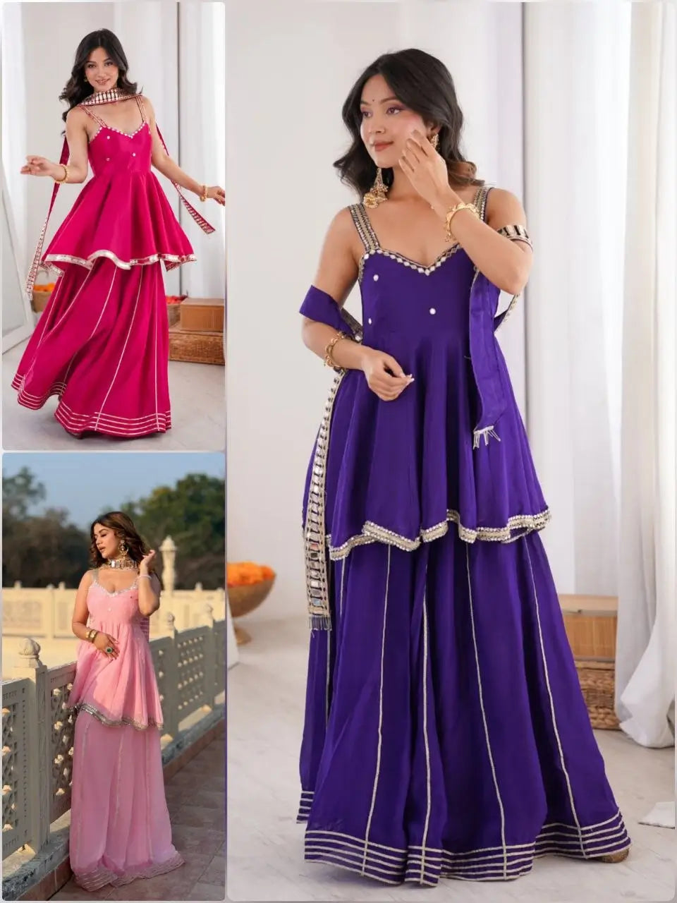 Royal Mirror Chinon Peplum Palazzo Dupatta Set for Festive and Wedding Functions