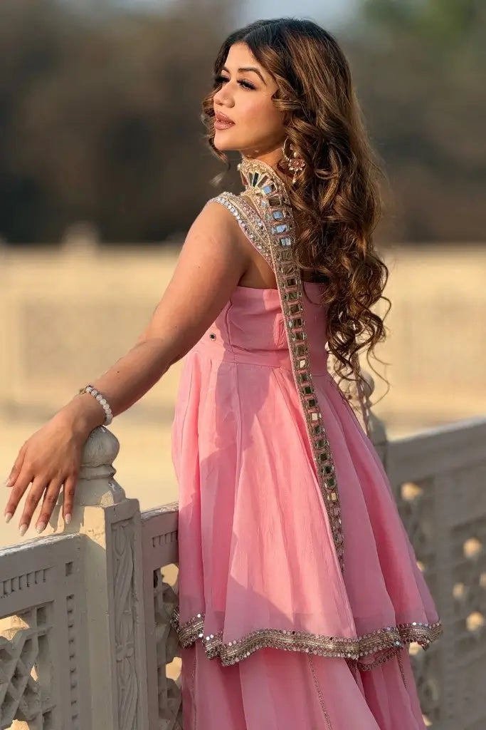 Royal Mirror Chinon Peplum Palazzo Dupatta Set for Festive and Wedding Functions