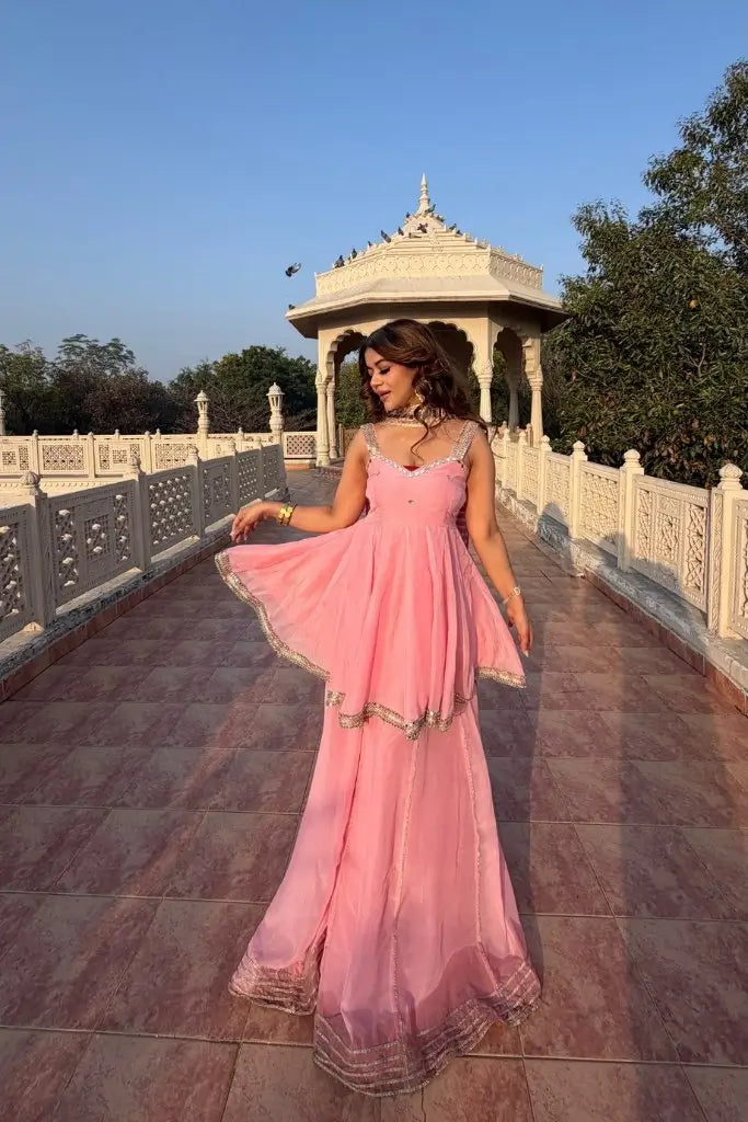 Royal Mirror Chinon Peplum Palazzo Dupatta Set for Festive and Wedding Functions