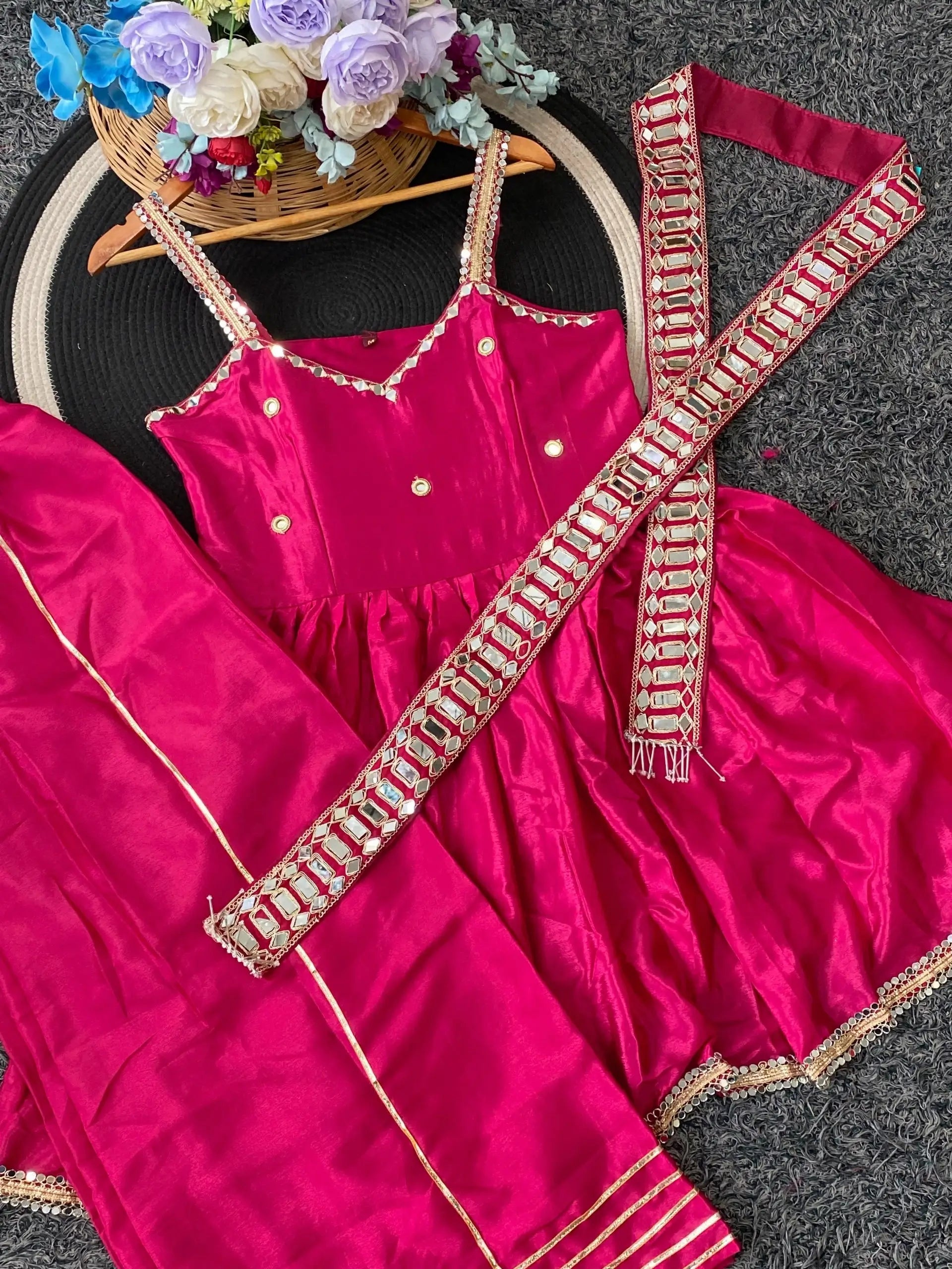 Royal Mirror Chinon Peplum Palazzo Dupatta Set for Festive and Wedding Functions