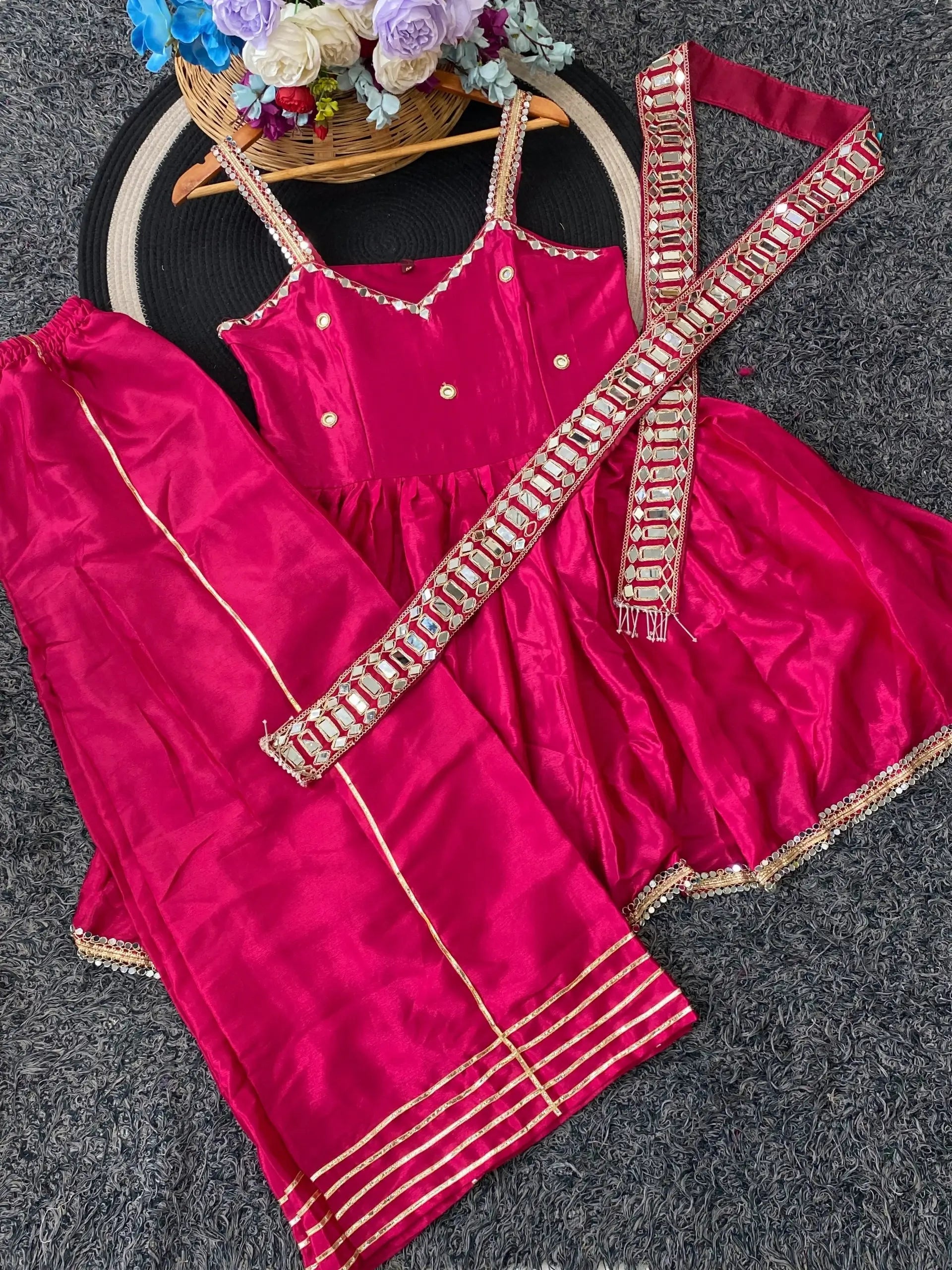 Royal Mirror Chinon Peplum Palazzo Dupatta Set for Festive and Wedding Functions