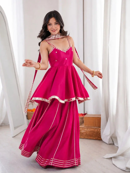 Royal Mirror Chinon Peplum Palazzo Dupatta Set for Festive and Wedding Functions