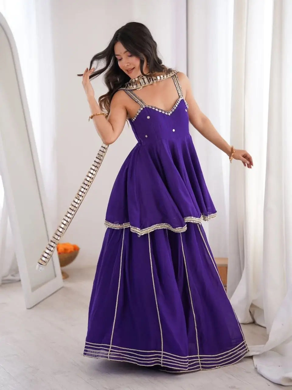 Royal Mirror Chinon Peplum Palazzo Dupatta Set for Festive and Wedding Functions