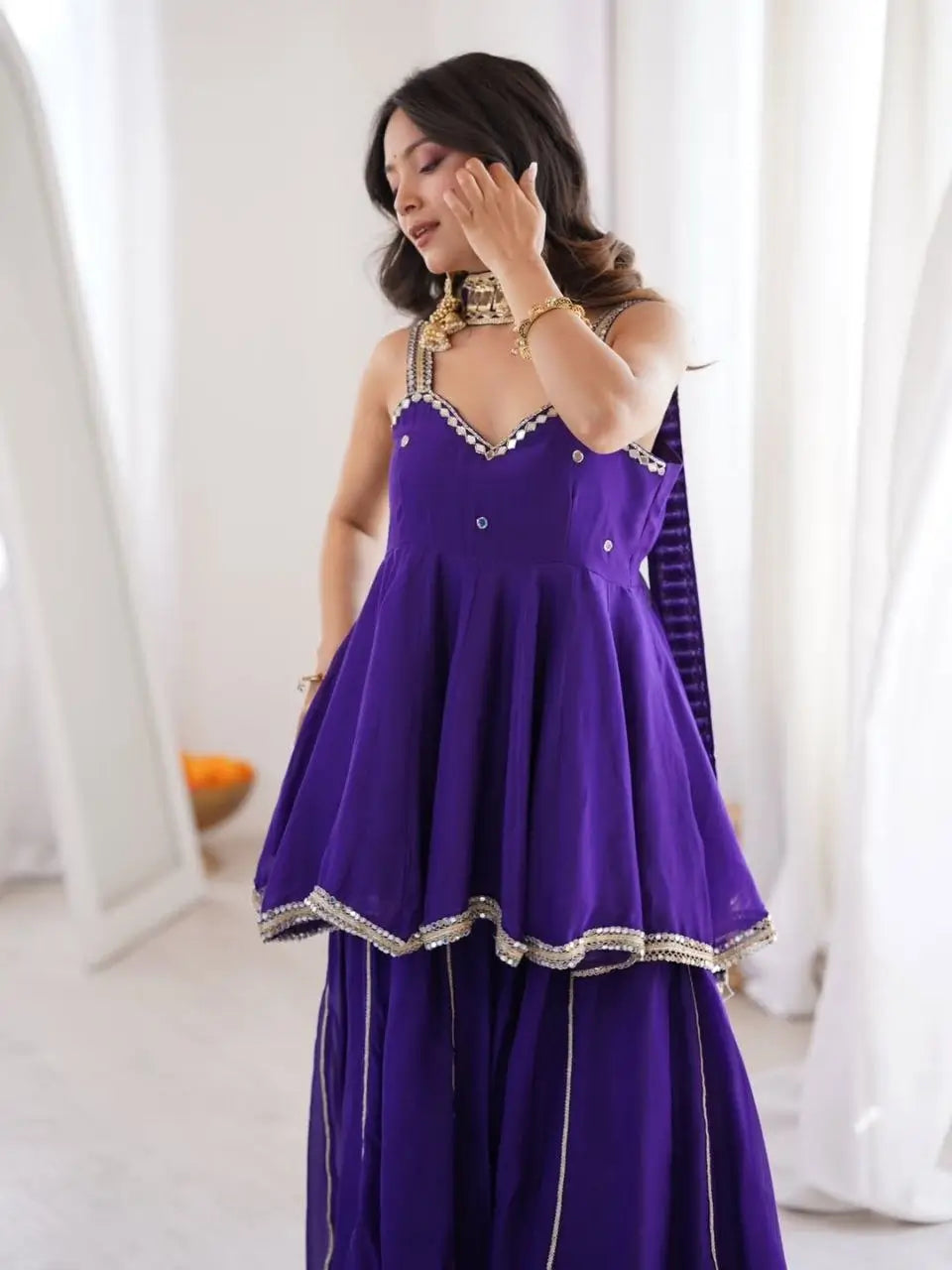 Royal Mirror Chinon Peplum Palazzo Dupatta Set for Festive and Wedding Functions