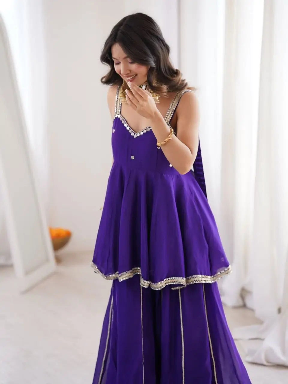 Royal Mirror Chinon Peplum Palazzo Dupatta Set for Festive and Wedding Functions