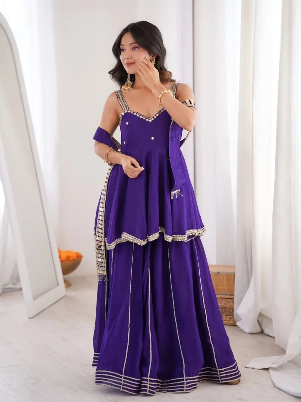 Royal Mirror Chinon Peplum Palazzo Dupatta Set for Festive and Wedding Functions