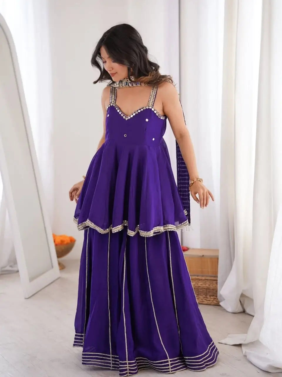 Royal Mirror Chinon Peplum Palazzo Dupatta Set for Festive and Wedding Functions