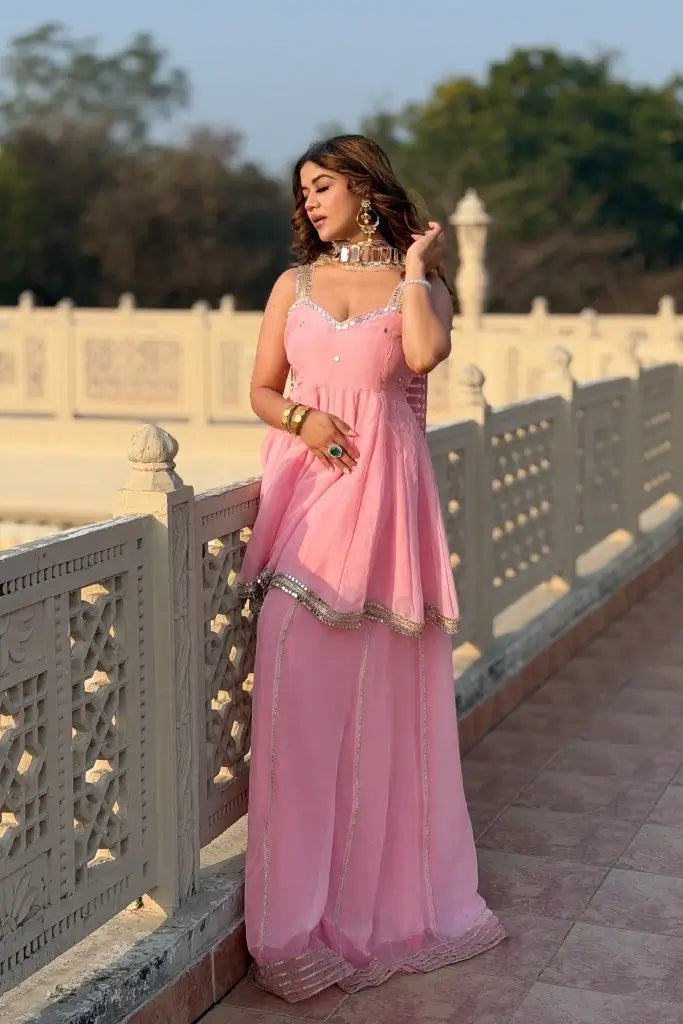Royal Mirror Chinon Peplum Palazzo Dupatta Set for Festive and Wedding Functions