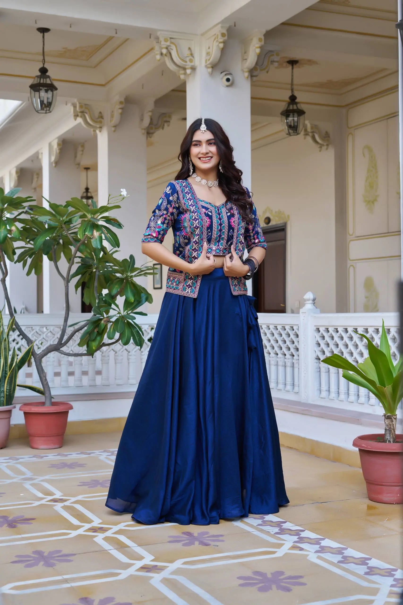 Royal Navy Blue Vichitra Embroidered Lehenga Choli With Koti
