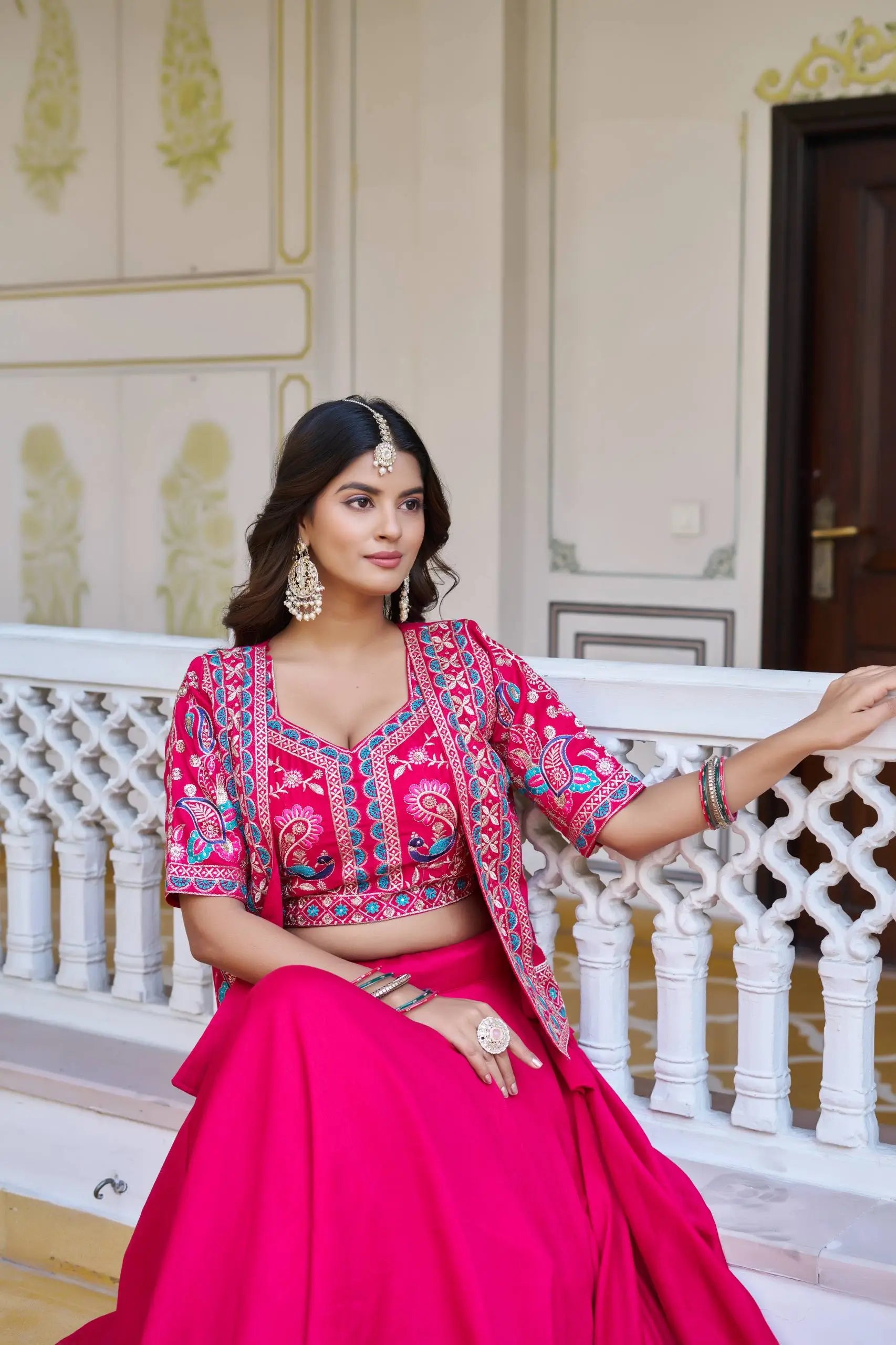 Royal Navy Blue Vichitra Embroidered Lehenga Choli With Koti