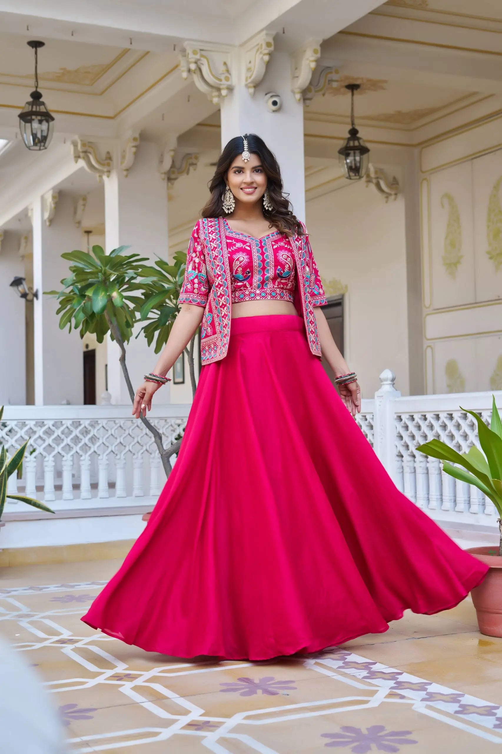 Royal Navy Blue Vichitra Embroidered Lehenga Choli With Koti