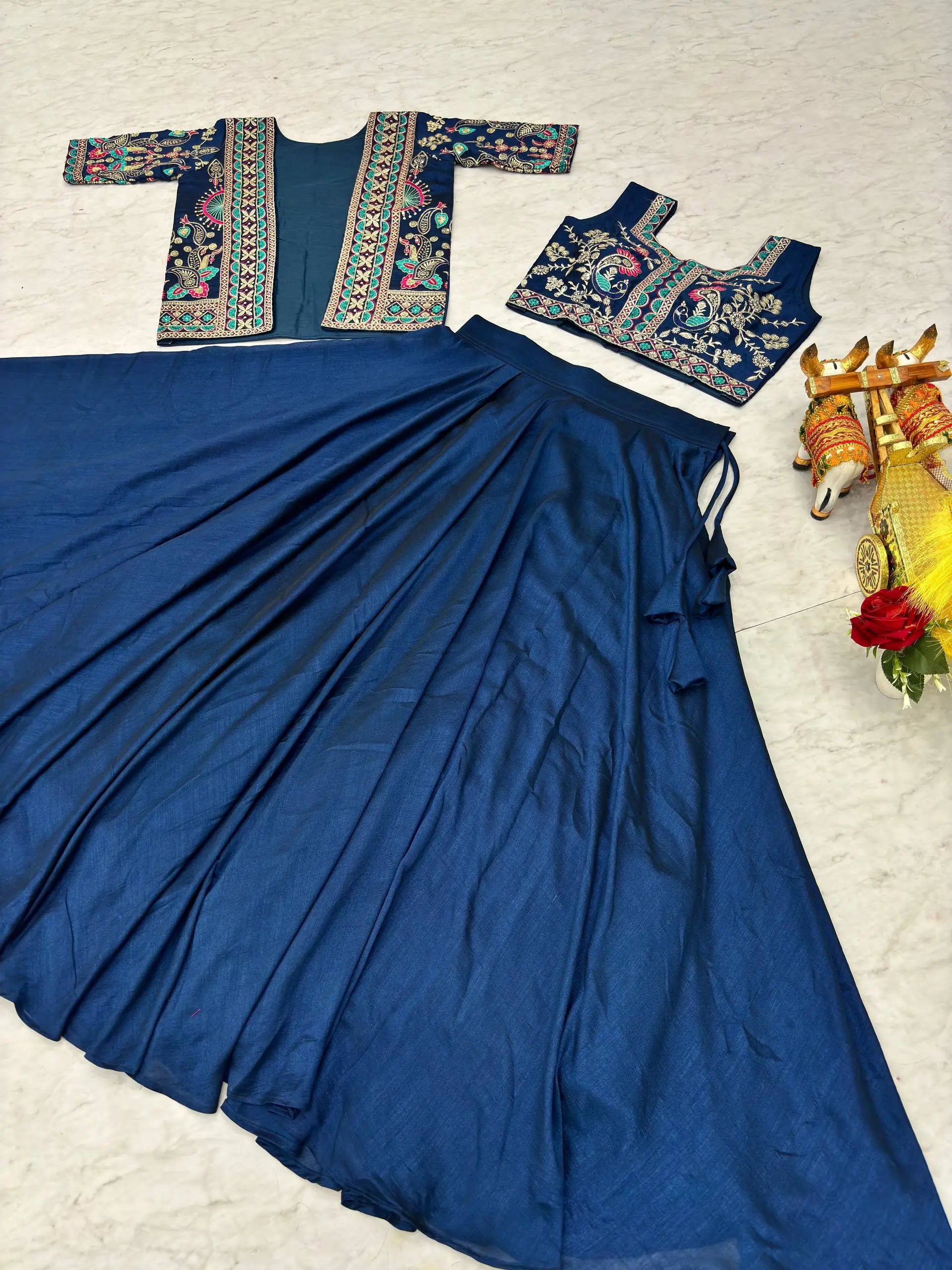 Royal Navy Blue Vichitra Embroidered Lehenga Choli With Koti