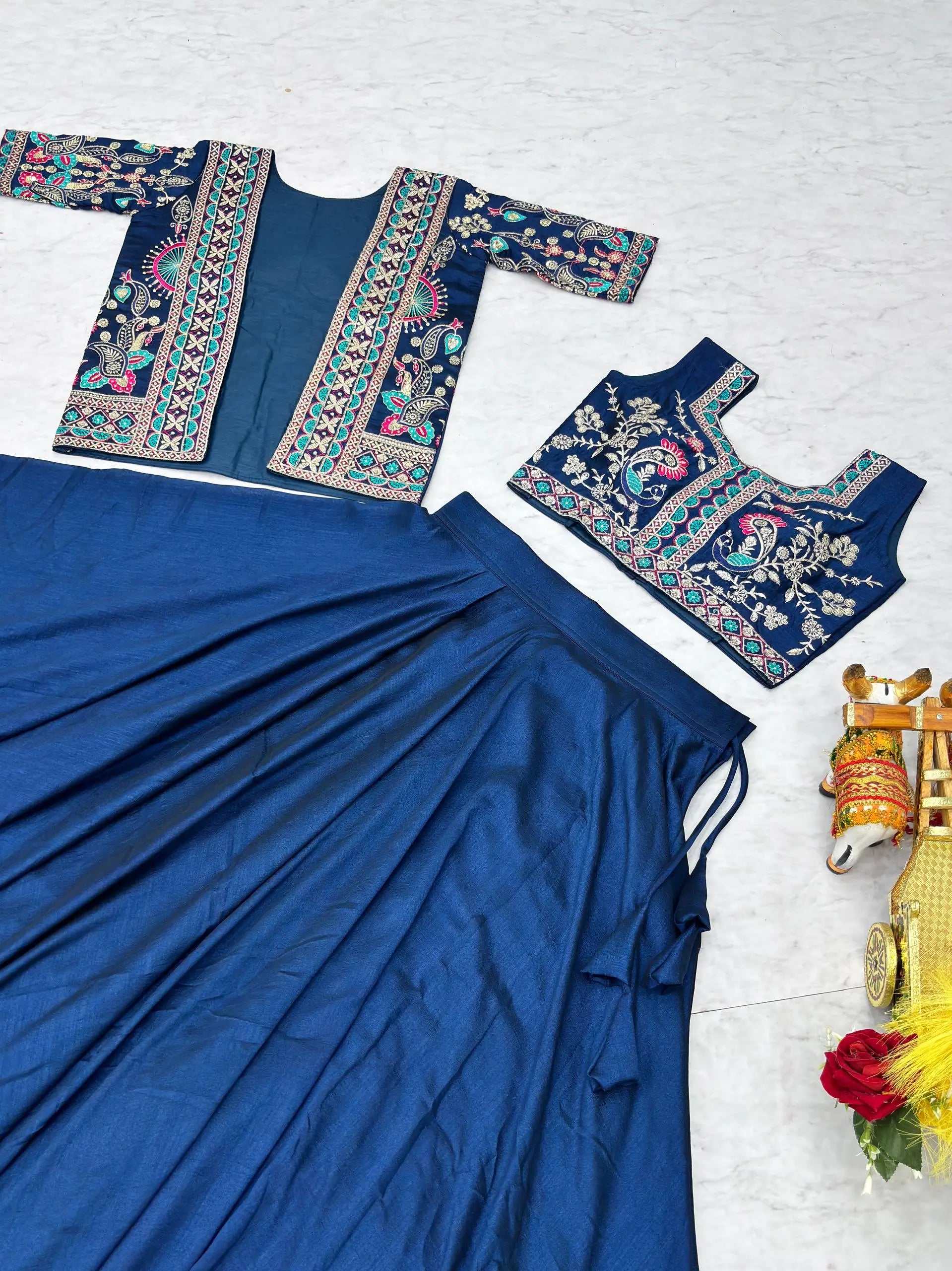 Royal Navy Blue Vichitra Embroidered Lehenga Choli With Koti