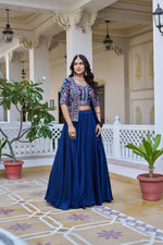 Royal Navy Blue Vichitra Embroidered Lehenga Choli With Koti