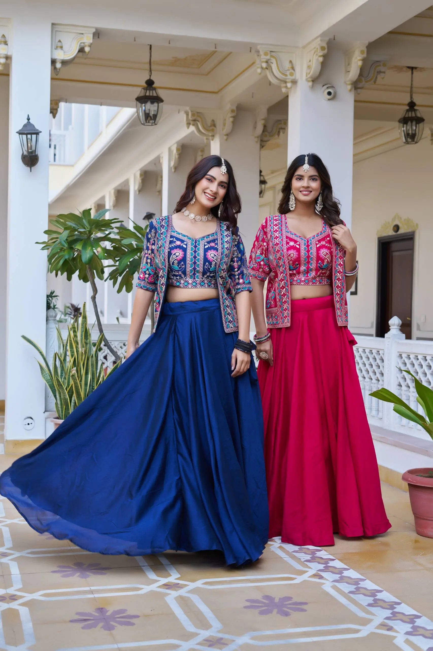 Royal Navy Blue Vichitra Embroidered Lehenga Choli With Koti