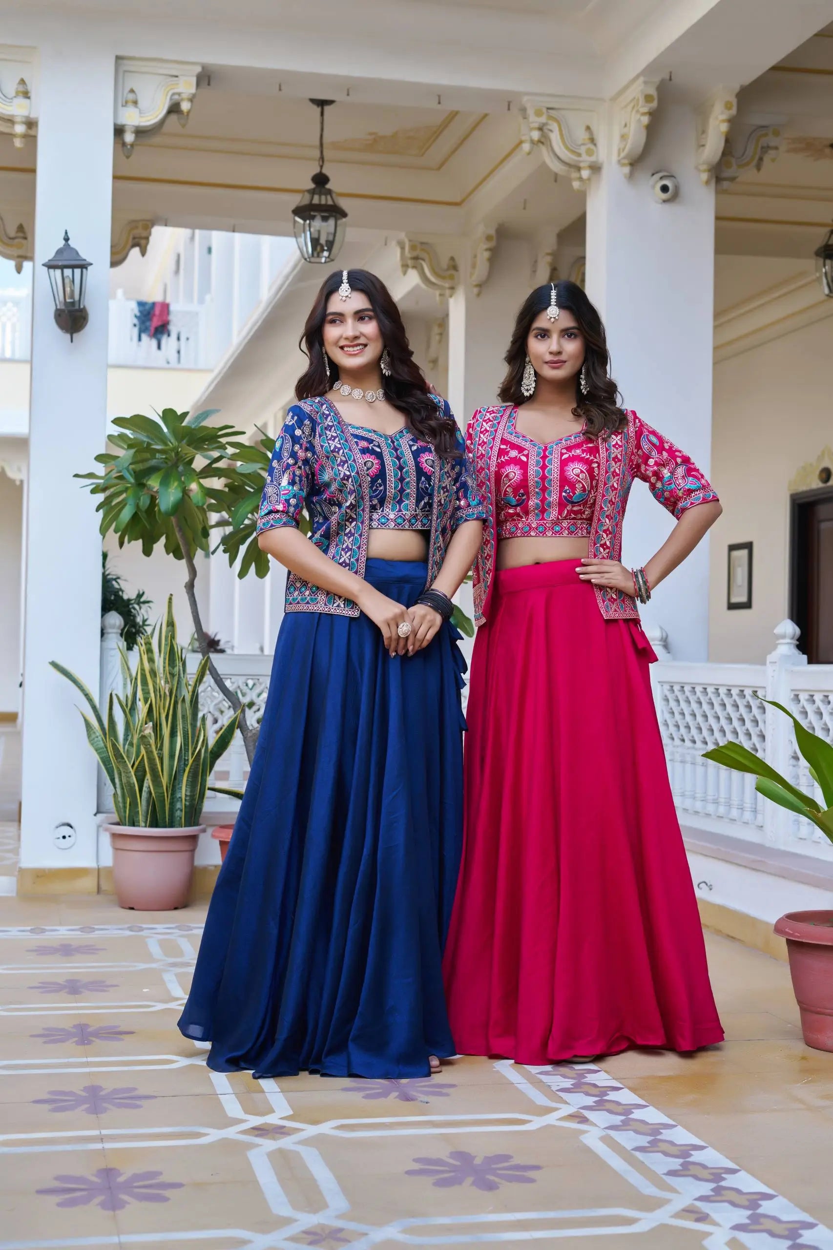 Royal Navy Blue Vichitra Embroidered Lehenga Choli With Koti