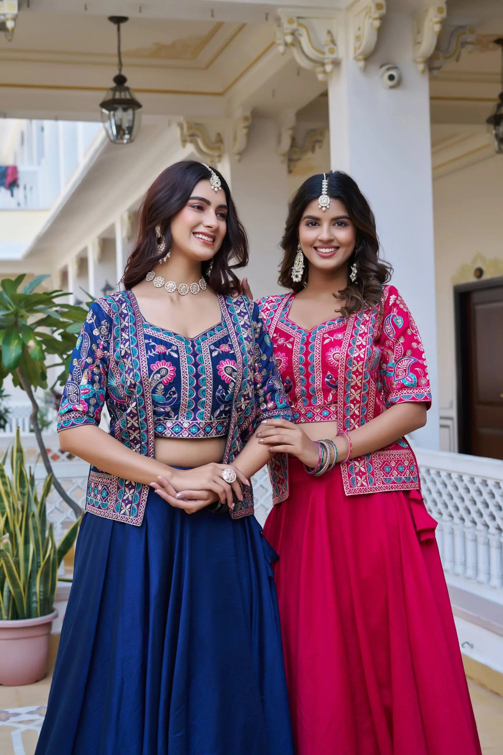 Royal Navy Blue Vichitra Embroidered Lehenga Choli With Koti
