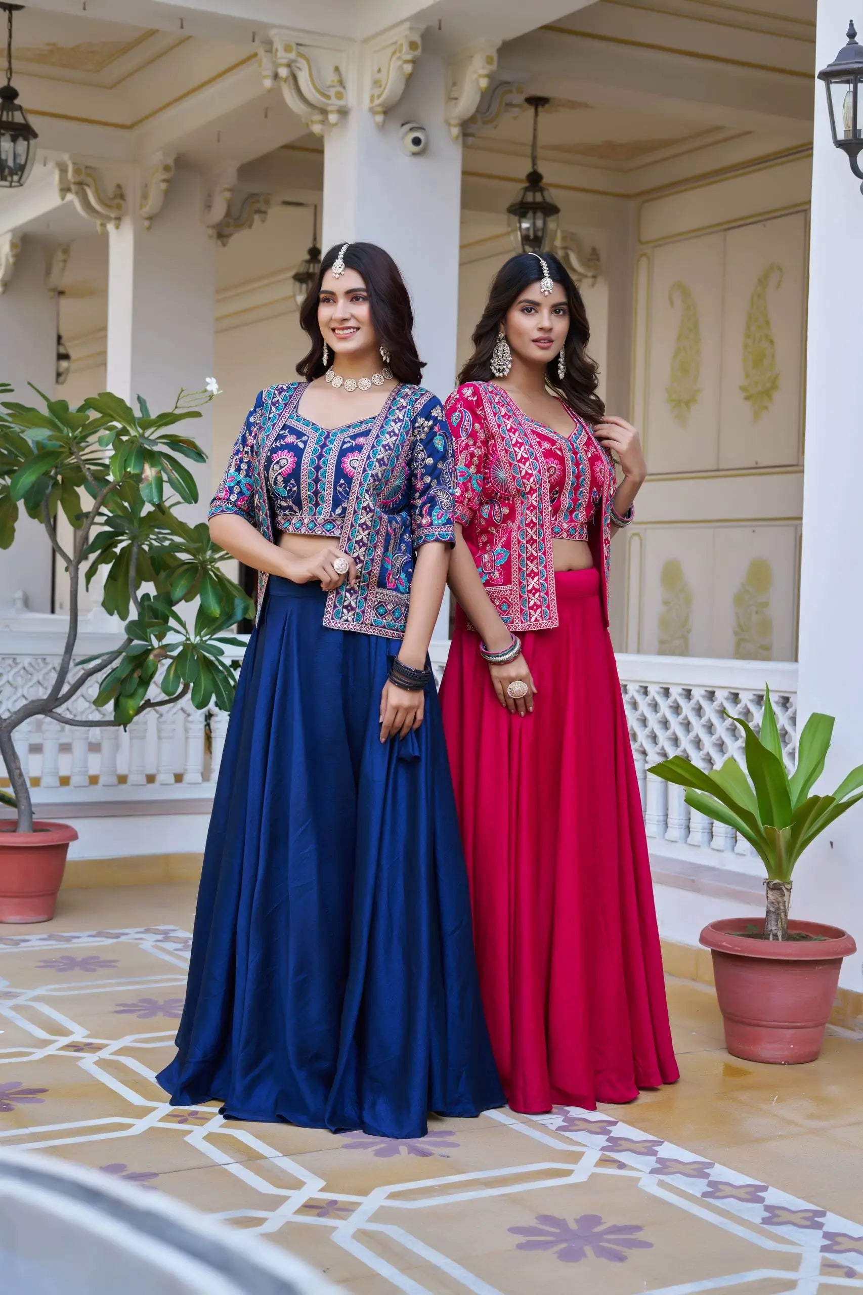 Royal Navy Blue Vichitra Embroidered Lehenga Choli With Koti