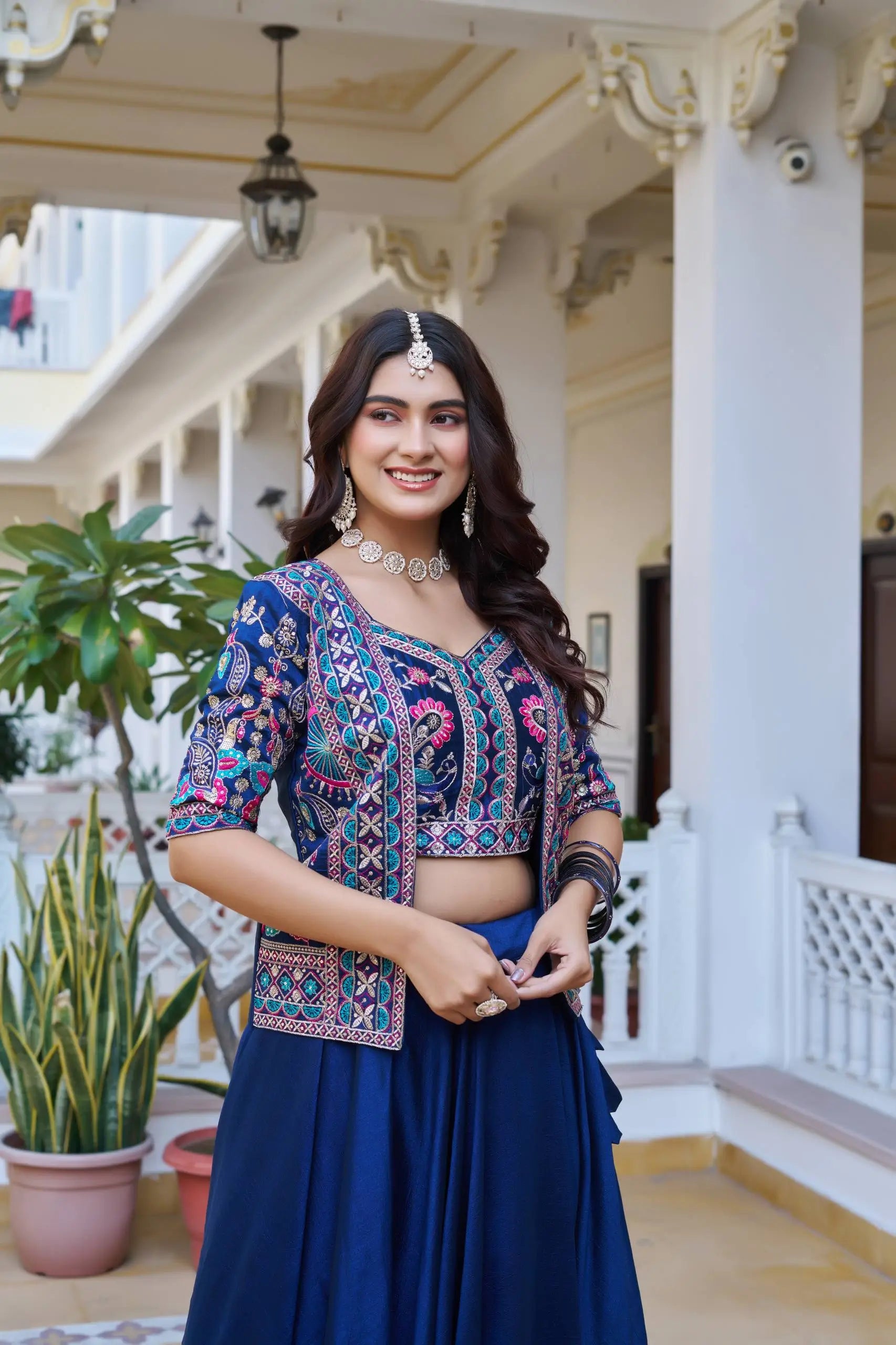 Royal Navy Blue Vichitra Embroidered Lehenga Choli With Koti