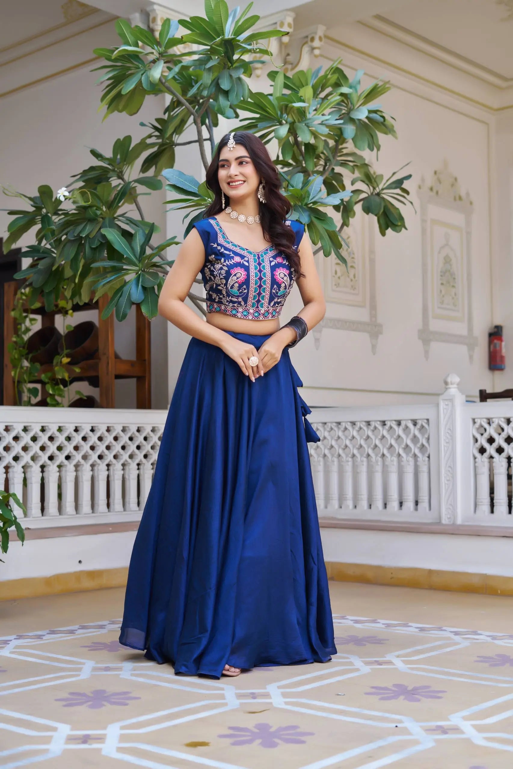 Royal Navy Blue Vichitra Embroidered Lehenga Choli With Koti