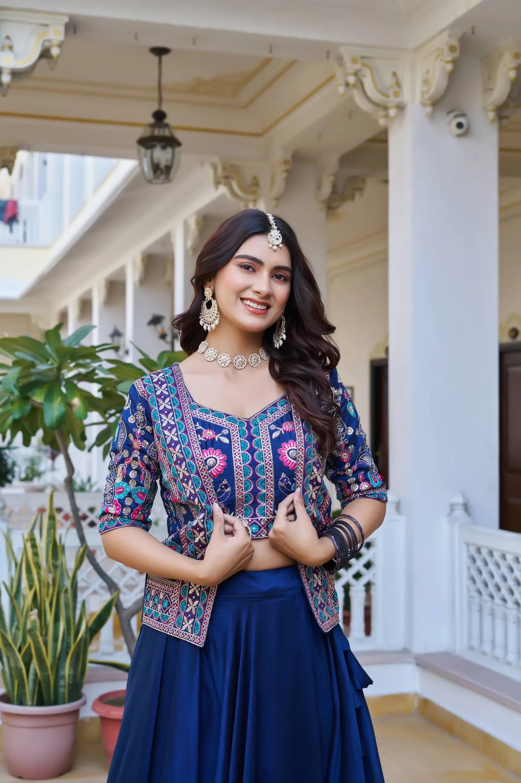 Royal Navy Blue Vichitra Embroidered Lehenga Choli With Koti