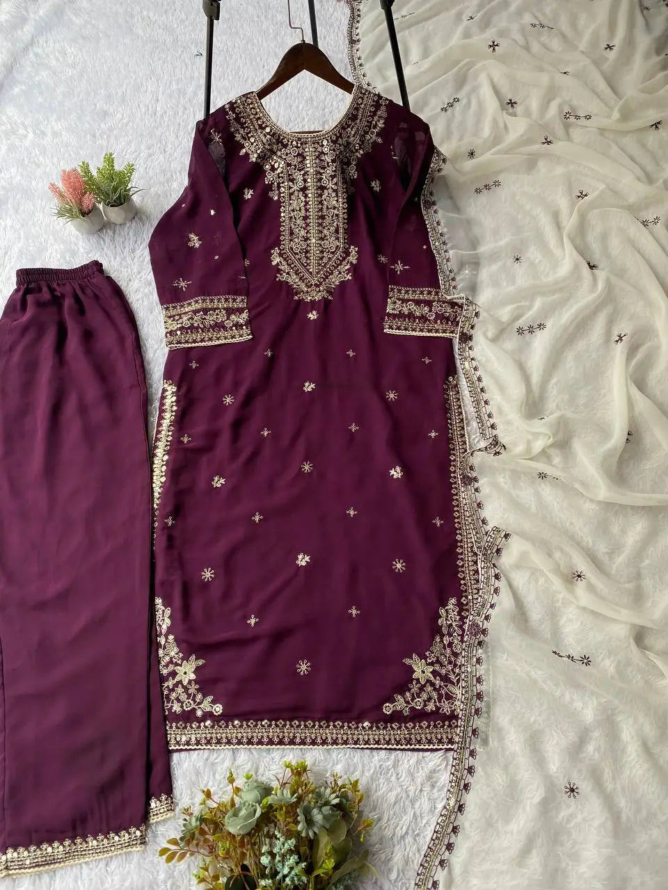 Royal Plum Faux Georgette Embroidered Suit Set for Festive & Wedding Wear