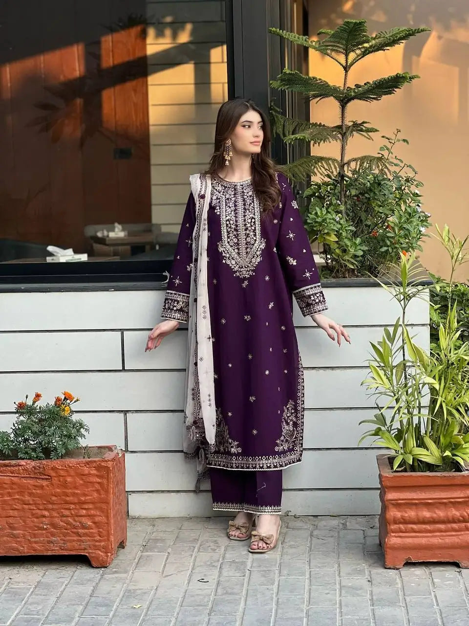 Royal Plum Faux Georgette Embroidered Suit Set for Festive & Wedding Wear