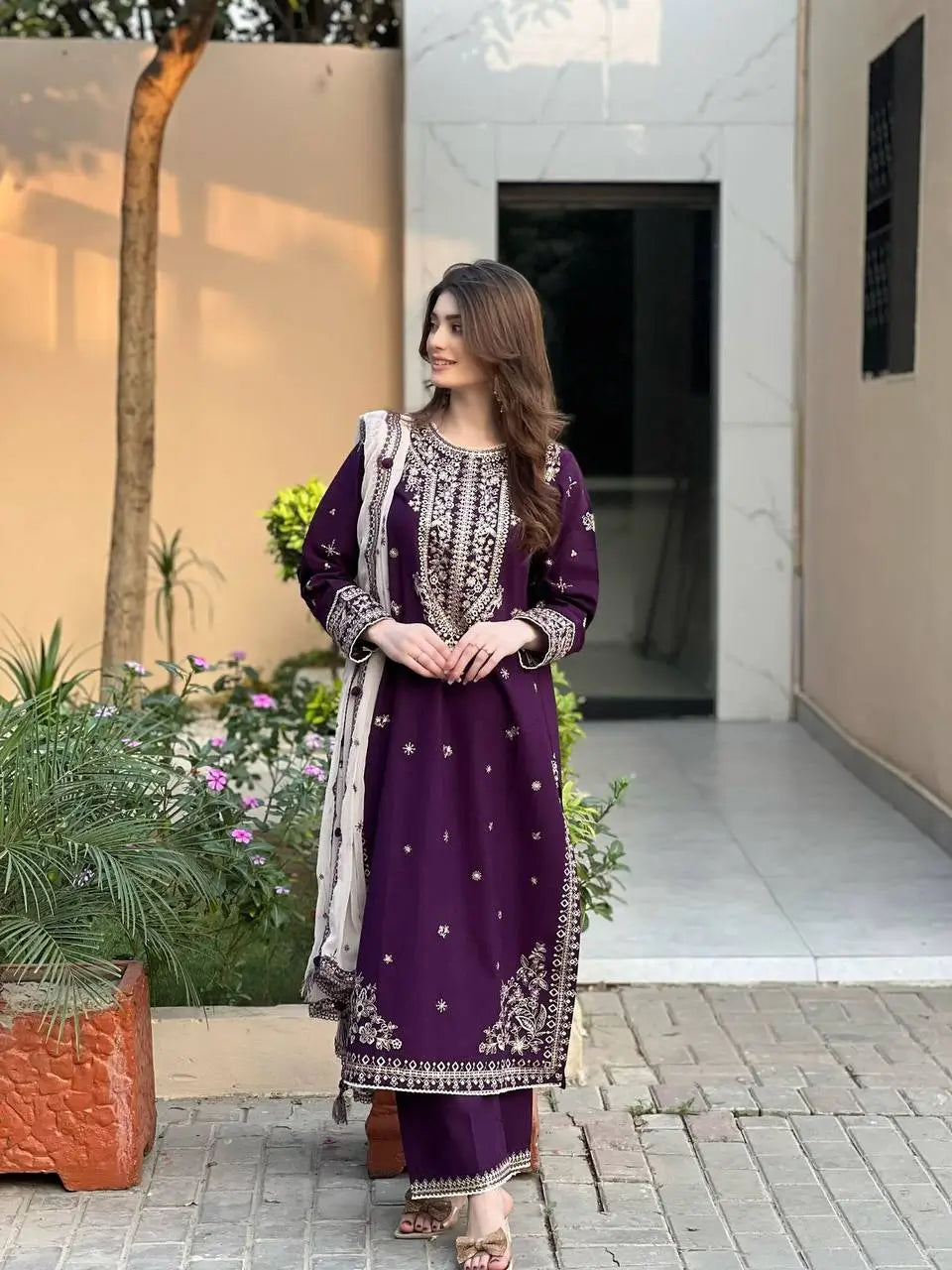Royal Plum Faux Georgette Embroidered Suit Set for Festive & Wedding Wear
