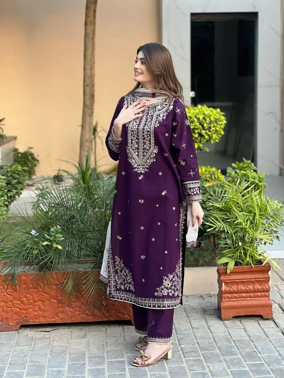 Royal Plum Faux Georgette Embroidered Suit Set for Festive & Wedding Wear