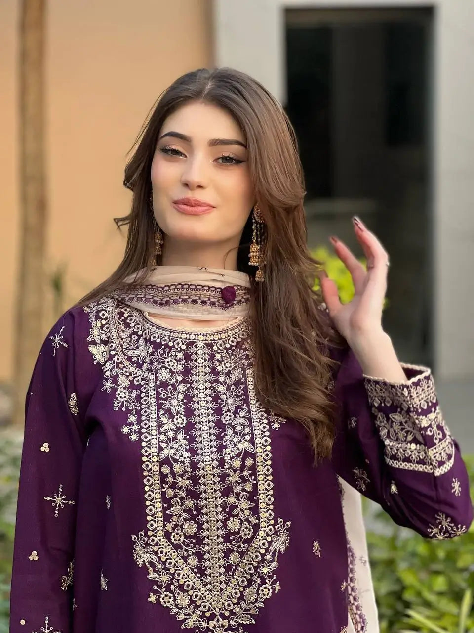 Royal Plum Faux Georgette Embroidered Suit Set for Festive & Wedding Wear