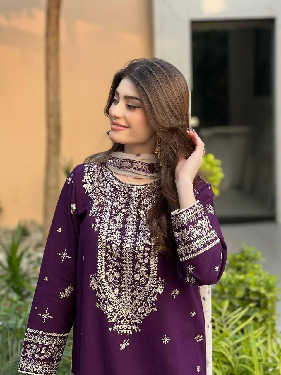 Royal Plum Faux Georgette Embroidered Suit Set for Festive & Wedding Wear