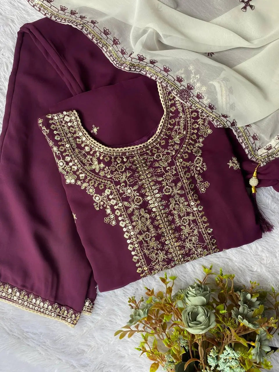 Royal Plum Faux Georgette Embroidered Suit Set for Festive & Wedding Wear