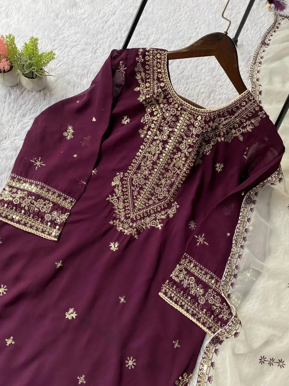 Royal Plum Faux Georgette Embroidered Suit Set for Festive & Wedding Wear