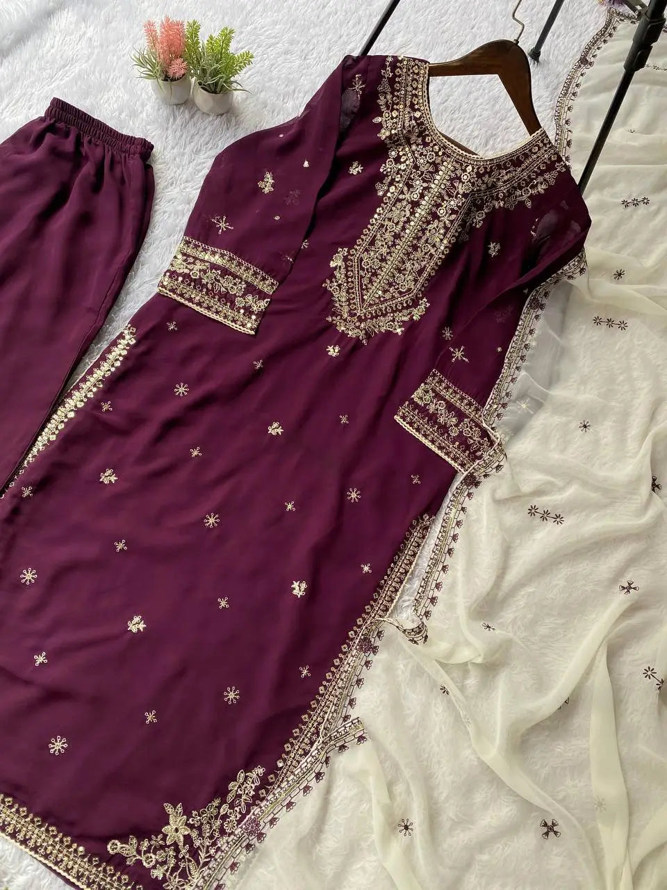 Royal Plum Faux Georgette Embroidered Suit Set for Festive & Wedding Wear
