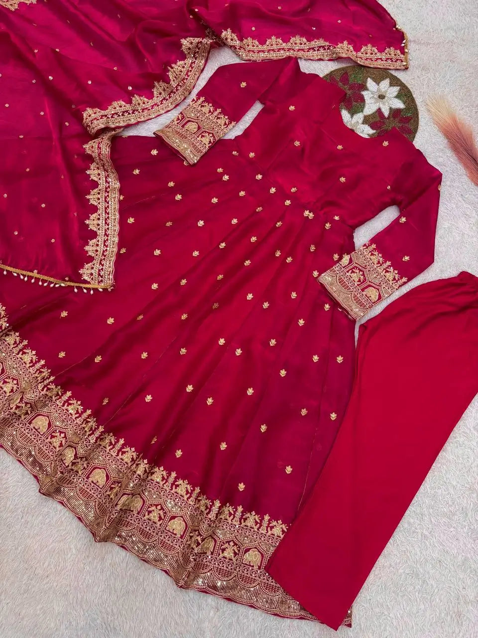 Royal Rani Satin Silk Embroidered Gown Set for Wedding and Festive Wear