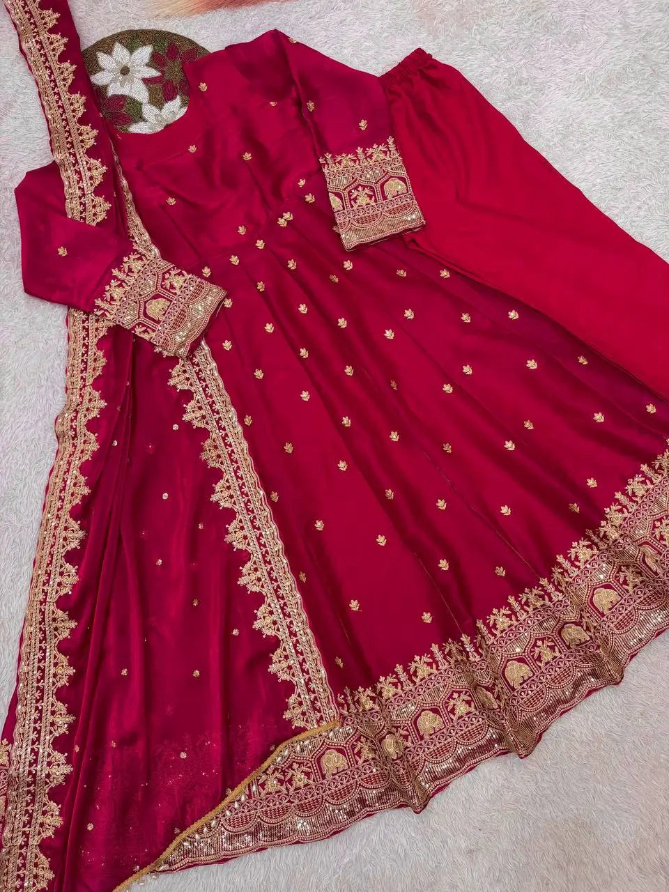 Royal Rani Satin Silk Embroidered Gown Set for Wedding and Festive Wear