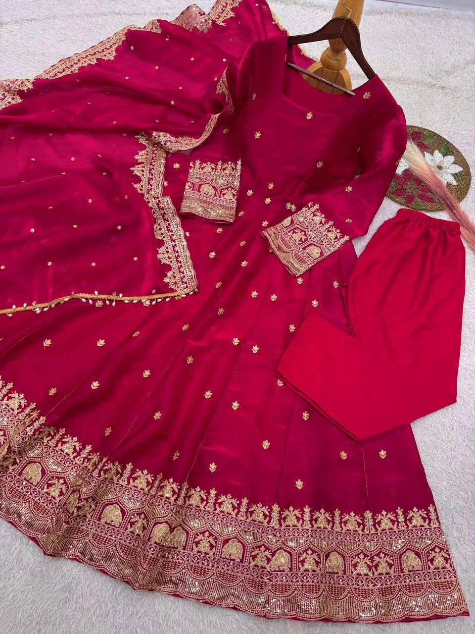 Royal Rani Satin Silk Embroidered Gown Set for Wedding and Festive Wear