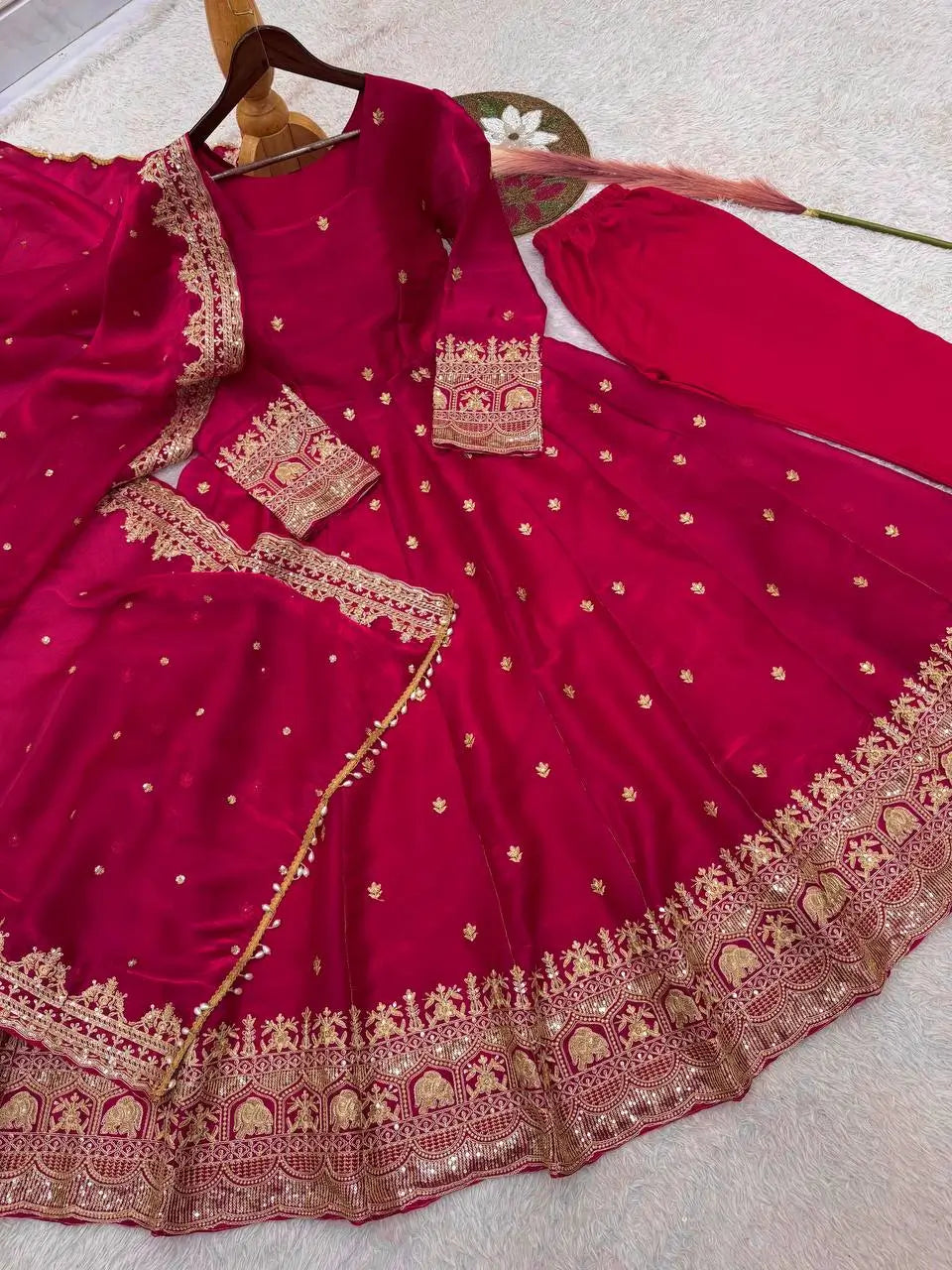 Royal Rani Satin Silk Embroidered Gown Set for Wedding and Festive Wear