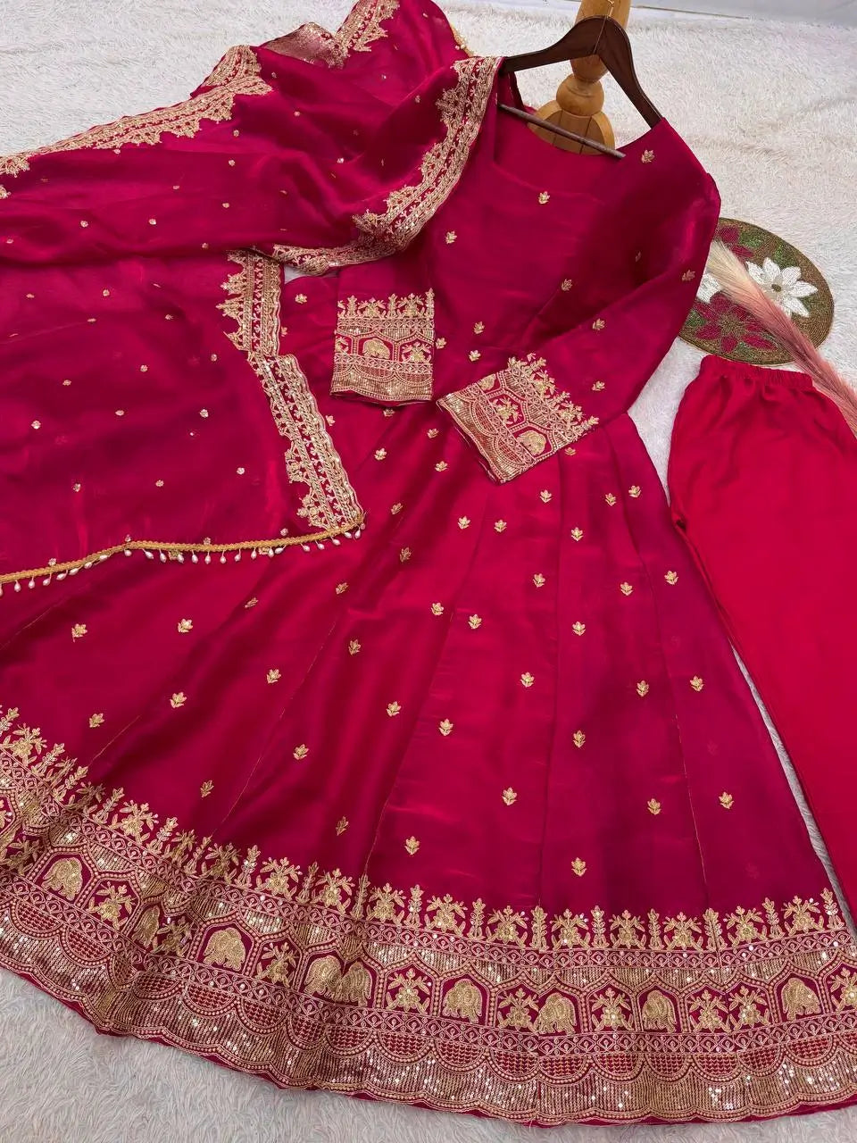 Royal Rani Satin Silk Embroidered Gown Set for Wedding and Festive Wear