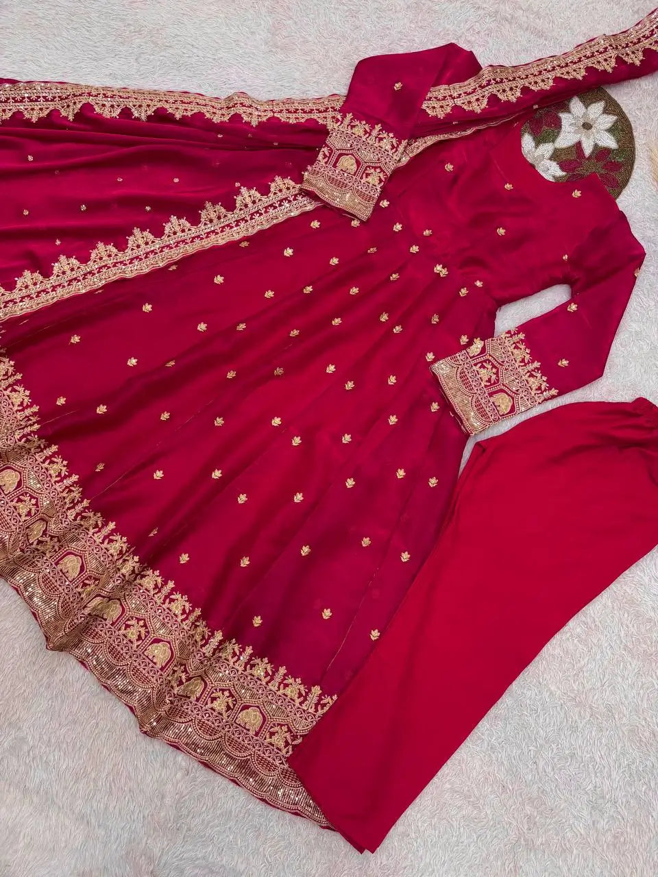 Royal Rani Satin Silk Embroidered Gown Set for Wedding and Festive Wear