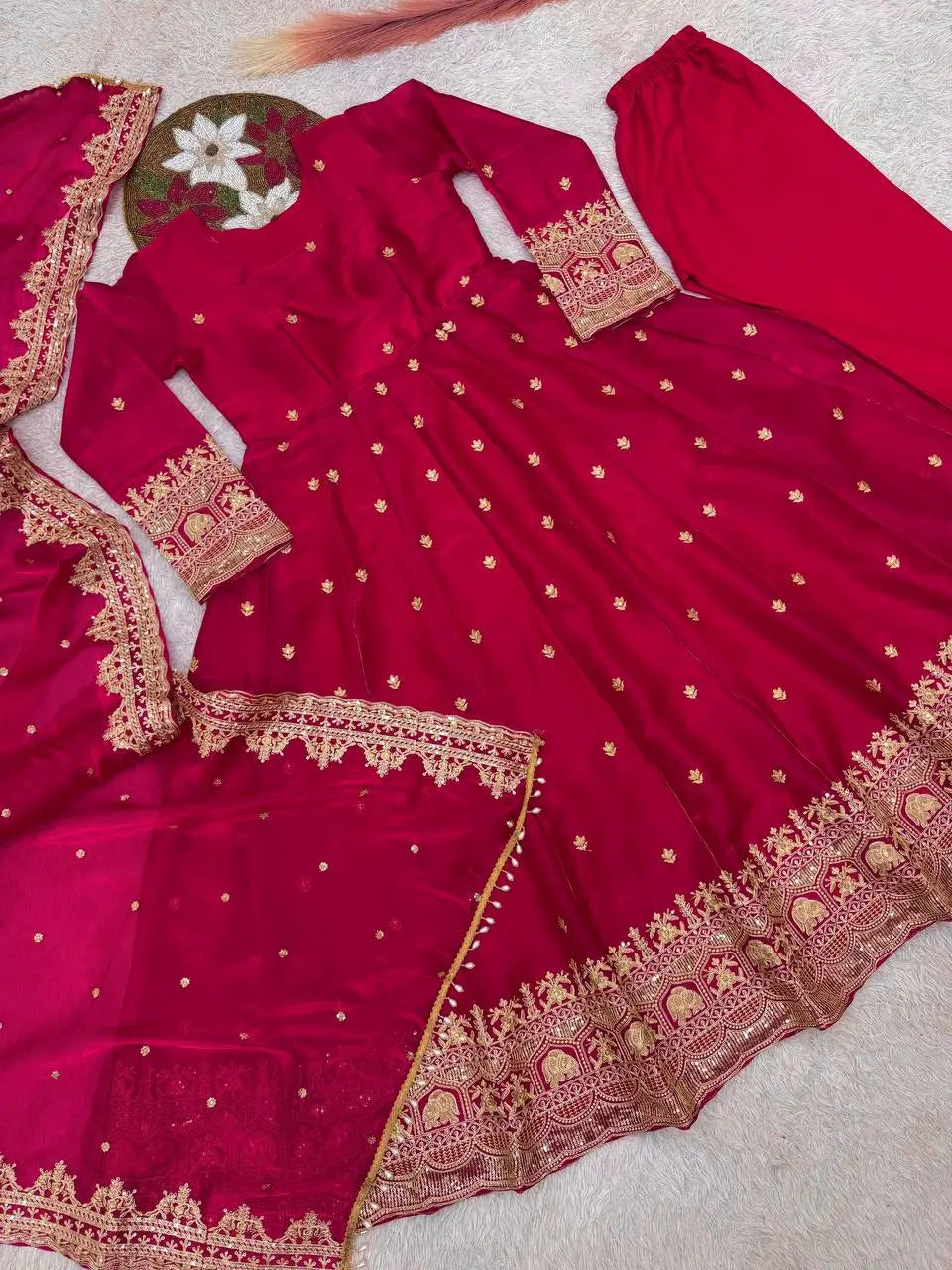 Royal Rani Satin Silk Embroidered Gown Set for Wedding and Festive Wear