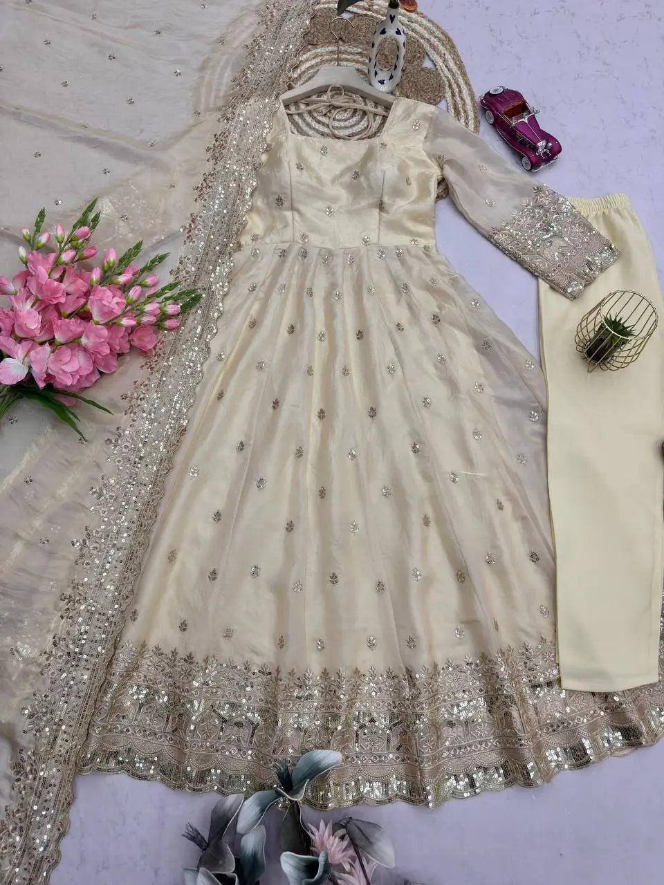 Royal Rani Satin Silk Embroidered Gown Set for Wedding and Festive Wear