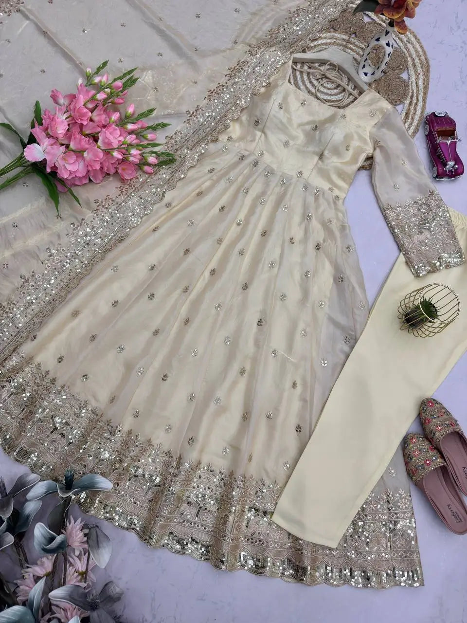 Royal Rani Satin Silk Embroidered Gown Set for Wedding and Festive Wear